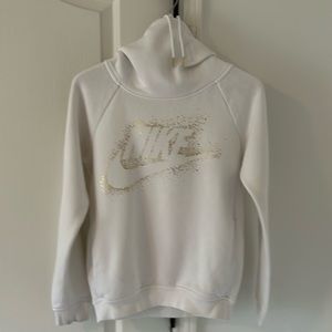 Nike Wmn XS funnel neck hoodie. White with gold lettering and accents.